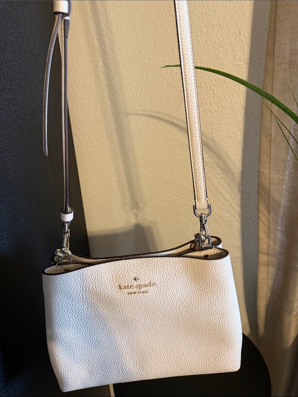 kate spade Cream Pebbled Leather Crossbody with Gold Logo